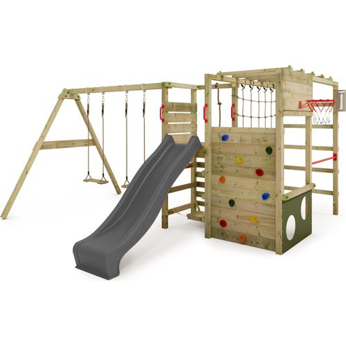 FATMOOSE Klettergerüst Spielturm ActionArena mit Schaukel & Rutsche, Gartenspielgerät mit Leiter & Spiel-Zubehör – anthrazit / olivgrün