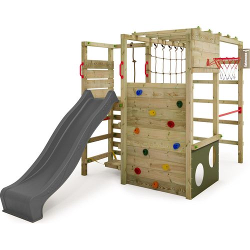 FATMOOSE Klettergerüst Spielturm ActionArena mit Schaukel, Gartenspielgerät mit Leiter & Spiel-Zubehör – anthrazit / olivgrün