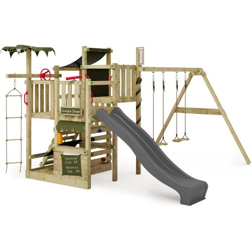 FATMOOSE Klettergerüst Spielturm CrazyCoconut mit Schaukel & Rutsche, Gartenspielgerät mit Leiter & Spiel-Zubehör – anthrazit / olivgrün