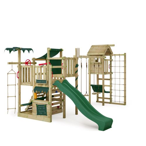 FATMOOSE Klettergerüst Spielturm CrazyCoconut mit Schaukel & Rutsche, Gartenspielgerät mit Turmanbau, Leiter & Spiel-Zubehör – grün