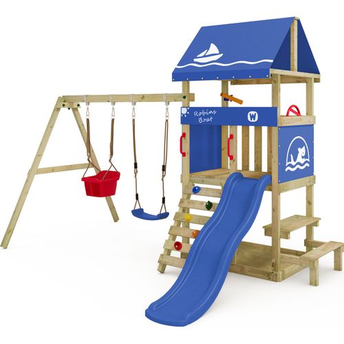 WICKEY Spielturm Klettergerüst DinkyHouse mit Schaukel & Rutsche, Kletterturm mit Sandkasten, Leiter & Picknicktisch - blau