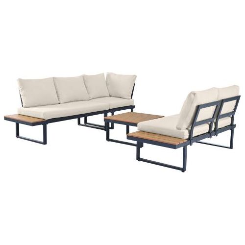 Garten-Freizeitset 112x55x66.5 cm Beige Grau verstellbarer Winkel-Liegefunktion 5 Stufen bis 55¡ã Teakholzmaserung Couchtisch Eckposition