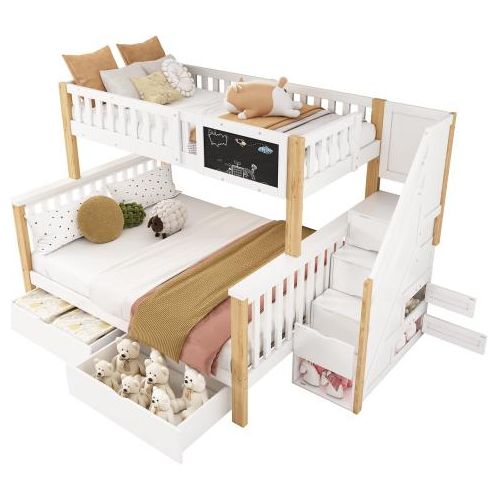 Doppelbett 90x200cm 140x200cm ohne Matratze Weiss+Holzfarbe Kinderbett Multifunktionales Bett Tafel und Schubladen Helle Eiche Stauraumbett