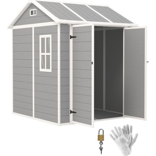Outsunny Gartenschuppen PP mit Boden, 2,91m² Gartenhäuschen mit Doppeltüren und Schloss, Satteldach, Terrasse, Hof, Außenbereich, 181x181x220cm, grau