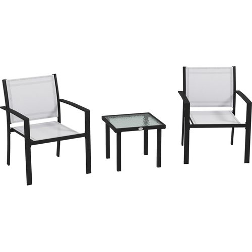 Outsunny 3-teiliges Garten-Couchtisch-Set mit 2 stapelbaren Stühlen, Couchtisch aus Glas mit atmungsaktiven Netzgewebe-Outdoor-Stühlen, Hellgrau