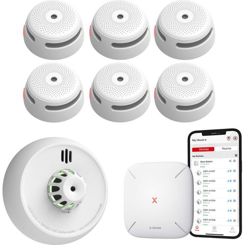 X-Sense Link+ Pro Intelligentes Brandschutzpaket - 6 XS01-M Rauchmelders, 1 XH02-M Hitzemelder und SBS50 Basisstation - Funktioniert über App