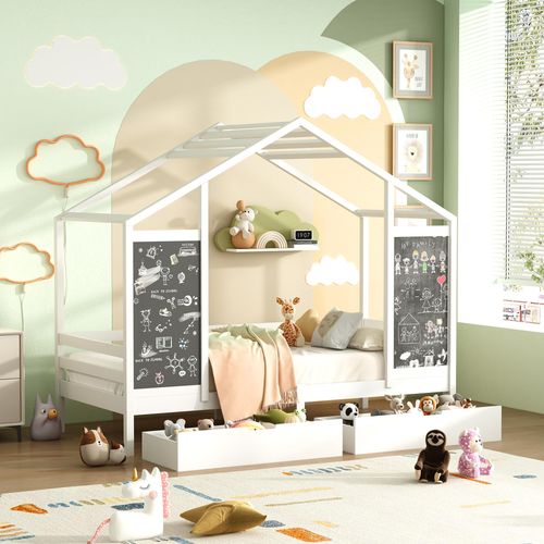 UnboxG Kinderbett 90x200cm mit Rausfallschutz und Lattenrost, Treppe und 2 Schubladen, Fenster und Tafel, Massivholz Hochbett, Weiß