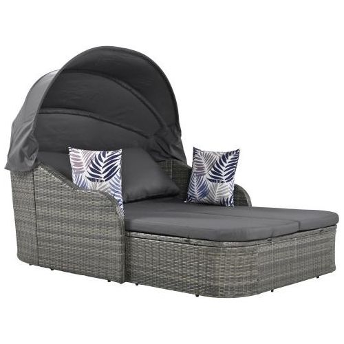 Sonneninsel 126 x 203 x 120 cm Grau PE-Rattan + Metall Garten-Essgruppe PE-Rattan Baldachin Doppel-Lounge Set PE-Rattan verstellbarem