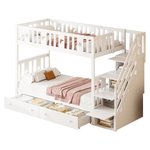 Kinderbett 90x200/90x200 cm ohne Matratze Etagenbett Weiss Massivholz Mit Sicherheitstreppe Stauraumtreppe Zwei Grossen Schubladen Lattenrost