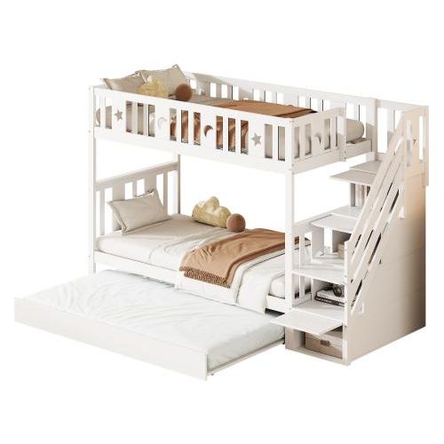 Etagenbett 90x200 cm ohne Matratze Jugendbett Weiss Holz Massivholz Mit Ausziehbett Kinder 90x190 cm Sicherheitstreppe Ablagetreppe Lattenrost