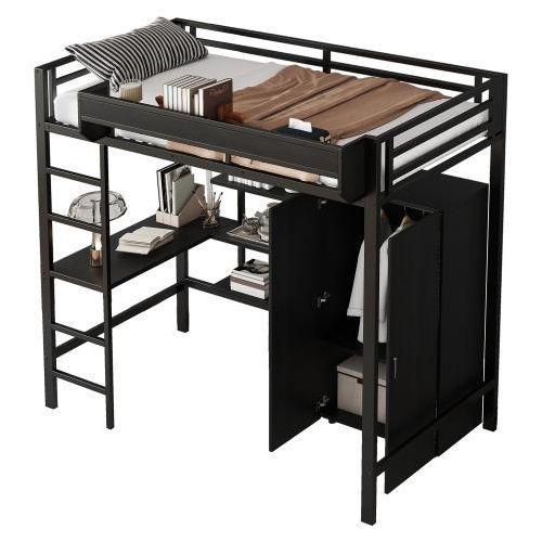 Eisenbett 90x200cm ohne Matratze Etagenbett Schwarz Leiter Eisen Spanplatte Geeignet Heranwachsende Tisch Kleiderschrank Reichlich Ablagefaecher