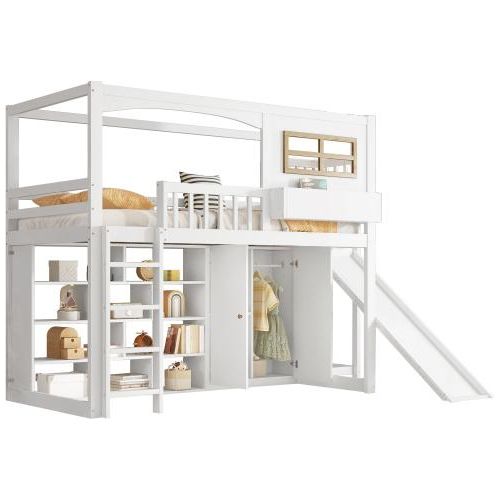 Etagenbett 90x200cm ohne Matratze Weiss Kinderbett Kiefer+MDF+Sperrholz Fallschutzgitter Kinderrutsche Kleiderschrank Reichlich Vierstufiger Leiter