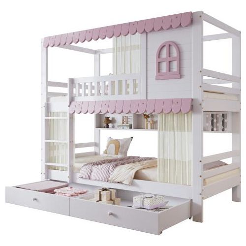 Etagenbett 90x200cm ohne Matratze Weiss+Rosa Kinderbett Kiefer+MDF Vorhaengen Fallschutzgitter Stabiles Gelaender Schubladen Reichlich Stauraum