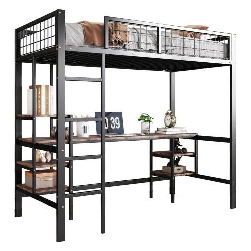 Eisenbett 90x200cm ohne Matratze Etagenbett Schwarz Dunkle Holzfarbe Leiter Eisen Spanplatte Geeignet Heranwachsende Tisch Regal Vierstufiger