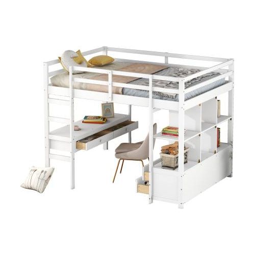 Hochbett 140x200cm Kinderhochbett ohne Matratze Weiss Mit Stauraumschubladen Und Unterbettschreibtisch Holzbett Jugendbett