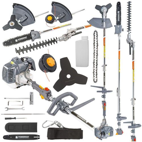 Powermat ® Benzin Rasentrimmer 4PS Gartengerät Multi 4IN1 Motorsense Freischneider Hochentaster Heckenschere Kettensäge Perfekt für die Rasenpflege