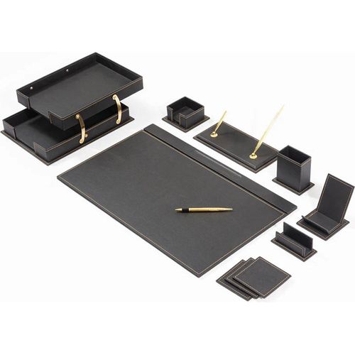 Lederschreibtisch-Set - SCHWARZ - Schreibtisch-Accessoires-Set - 12 Accessoires - Büro-Schreibtisch-Organizer-Set - handgefertigtes Lederschreibtisch-