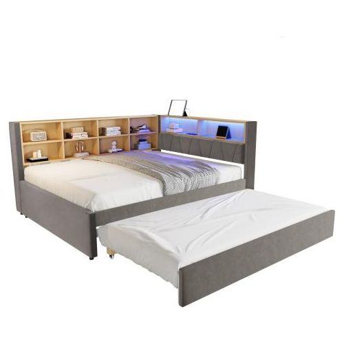 Schlafsofa 140x200cm ohne Matratze Ausziehbett Dunkelgrau 90x190cm Flanell mit LED und Steckdosen Multifunktionsschlafsofa Einzelbett