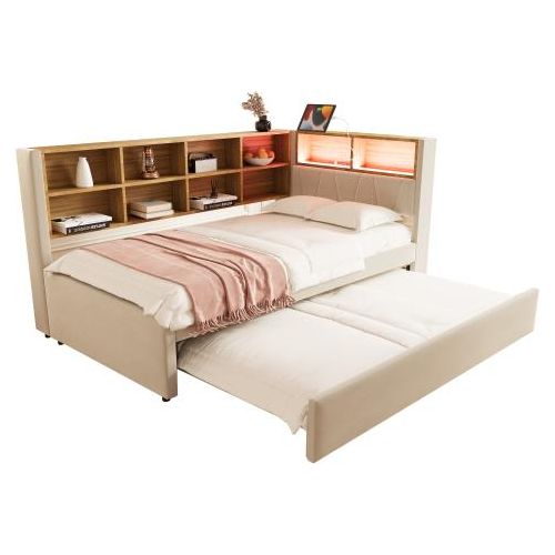 Schlafsofa 90x200cm ohne Matratze Ausziehbett 90x190cm Beige Flanell mit LED und Steckdosen Multifunktionsschlafsofa Einzelbett