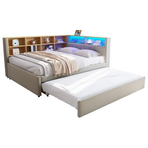 Schlafsofa 140x200cm ohne Matratze Ausziehbett Hellgrau 90x190cm Flanell mit LED und Steckdosen Multifunktionsschlafsofa Einzelbett
