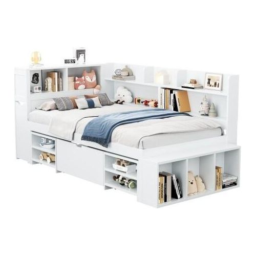 Kinderbett 90x200 Ohne Matratze Einzelbett Mit Schubladen Buecherregal Stauschrank Lattenrost Weiss