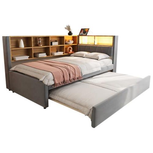 Schlafsofa 90x200cm ohne Matratze Ausziehbett 90x190cm Dunkelgrau Flanell mit LED und Steckdosen Multifunktionsschlafsofa Einzelbett