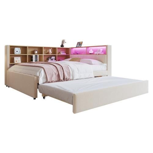 Schlafsofa 140x200cm ohne Matratze Ausziehbett Beige 90x190cm Flanell mit LED und Steckdosen Multifunktionsschlafsofa Einzelbett
