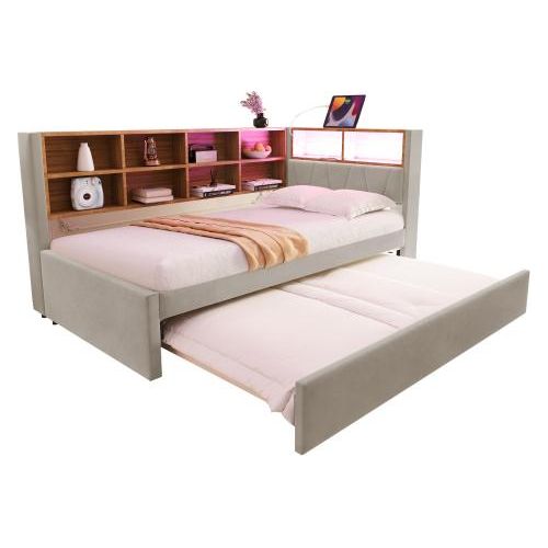 Schlafsofa 90x200cm ohne Matratze Ausziehbett 90x190cm Hellgrau Flanell mit LED und Steckdosen Multifunktionsschlafsofa Einzelbett
