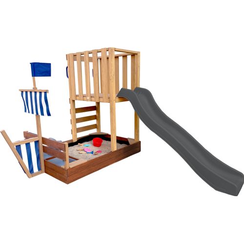 AXI Vicky Spielturm aus Holz in Braun mit grauer Rutsche | Spielturm für Kinder mit Sandkasten, Spielküche & Kreidetafel | Vielseitiges Spielgerät