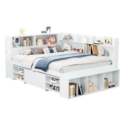 Kinderbett 140x200 cm Ohne Matratze Einzelbett Weiss Multifunktionales Kinderbett Mit Schubladen Buecherregal Stauschrank Grosser Stauraum Lattenrost