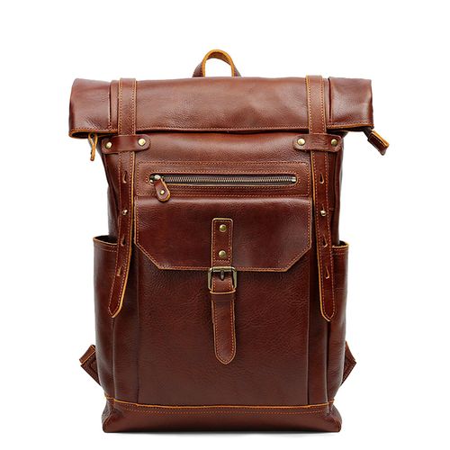 OKWISH Handmade Rolltop Rucksack Herren Groß aus Premium Leder Lederrucksack Damen für 17 Zoll Laptop Backpack Leather Vintage Braun