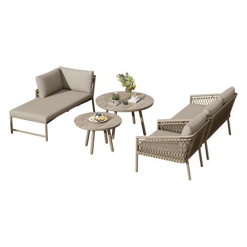 Seil Gartenmoebel Set 123 x 56 x 80 cm Khaki Modernes Outdoor Sofa Set Handgewebtes Seil Inklusive Aller Sitz- Und Rueckenkissen Balkonset Garten