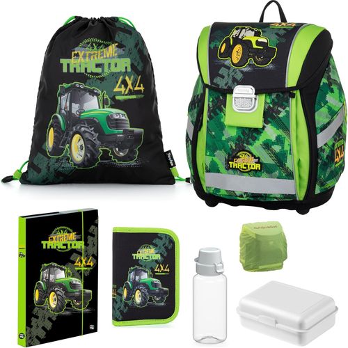 Jungen Schulranzen 1. Klasse Traktor Ranzen 8-teiliges Set Grün mit Federmappe, Brotdose und Trinkflasche