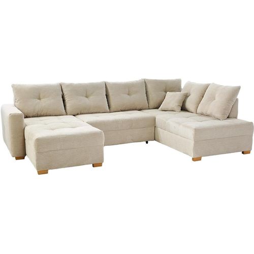 Wohnlandschaft - 313 x 200 cm - Beige - Cord - mit Ausziehfunktion und Bettkasten