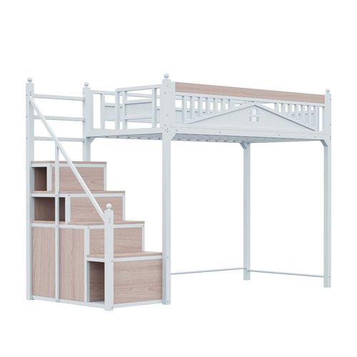 Metall-Hochbett,Metall-Sicherheitszaun mit Metallkugel,Fensterdesign,Kletterleiter von links nach rechts austauschbar,Sicherheitsleiter mit Spinden