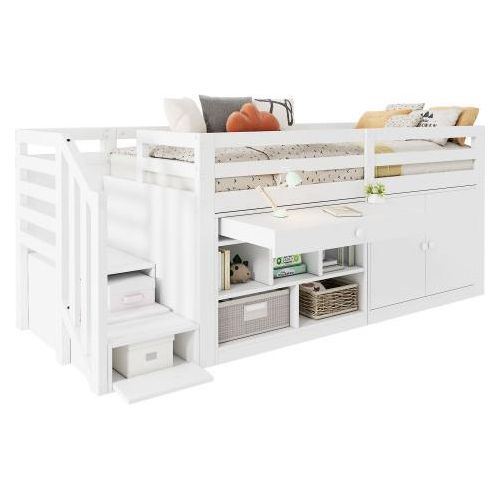 Kinderbett 90x200 cm Ohne Matratze Weiss Multifunktionales aus Holz Treppe Stauraum Treppen/Schraenke links rechts austauschbar Schubladen umdrehbar