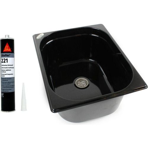 Edelstahl Spülbecken schwarz Camping Spüle Waschbecken+Ablauf T=150mm + Kleber