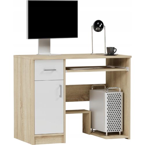 Schreibtisch mit 1 Schublade, Tastaturablage, Tür und PC-Fach, 90x50x73 cm, Sonoma Mix Weiß