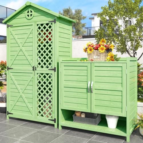 Gartenschrank 87.7x40x70.2 cm Holz Garten-Schrank-Set Gruen Outdoor Schrank Terrassenschrank Balkonschrank Geraetehaus Gartengeraeteschraenke
