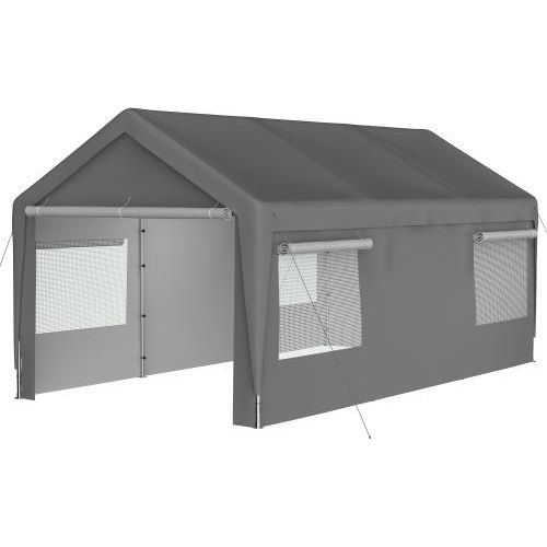 Carport Garage Zelt 592x310x276 cm Grau Winterfest Roll-Up-Fenster Abnehmbare Seitenwaende Dach Lagerzelt Stallzelt Schutzabdeckung