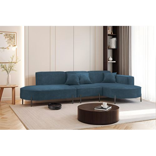 Ecksofa Designersofa VALENCIA in Stoff Noel Blau Ottomane Rechts