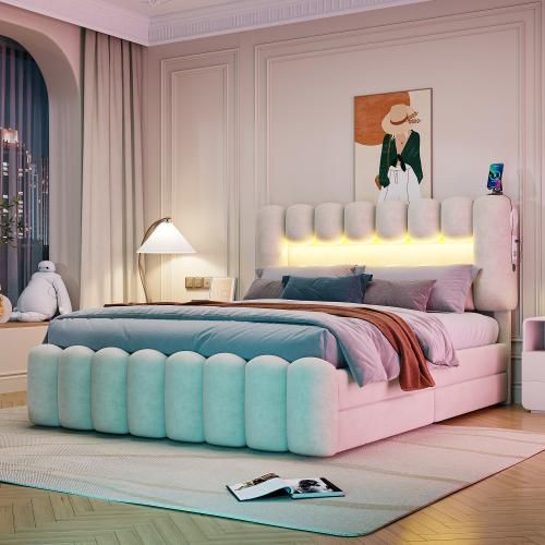 ProximaX Polsterbett 160x200 cm LED Doppelbett mit Stauraum, Stauraumbett mit Lattenrost, 4 Schubladen, Stereoanlage & USB-Ladefunktion, Bettrahmen mit höhenverstellbarem Kopfteil (ohne Matratze), Beige