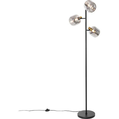 QAZQA - Design Smarte Stehleuchte I Stehlampe I Standleuchte I Lampe I Leuchte Schwarz mit Gold I Messing und Rauchglas 3-flammig inkl. 3 Wifi P45 - Zuzanna I Wohnzimmer I Schlafzimmer - Länglich I Ku
