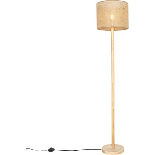 QAZQA - Landhaus I Vintage Smarte Holz-Stehleuchte I Stehlampe I Standleuchte I Lampe I Leuchte mit naturfarbenem Leinenschirm 32 cm inkl. Wifi A60 - Mels I Wohnzimmer I Schlafzimmer - Rund - LED geei