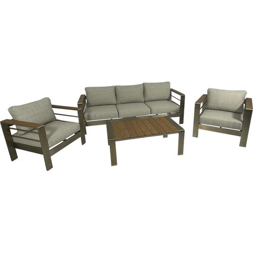 Gartenset Lounge-Set 4-teilig aus gebürstetem Aluminium, Polster grau, Kunstholz naturfarben