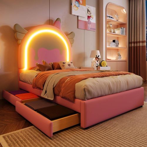 Kinderbett 90x200 Polsterbett mit LED, Einzelbett Bettgestell mit 2 Schubladen, Einzelbett Bettgestell mit Lattenrost und Cartoon Kopfteil, Einhornform, PU, Rosa, Ohne Matratze