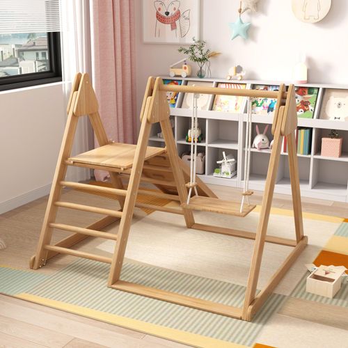 okwish 3 in 1 Kinderspielzeug Kombispielzeug Kleinkindklettergerüst ,Kinderspielplatz-Set,Kinder Rutsche mit Klettergerüst&Schaukel, Klettergerüst für Kinder,Natur