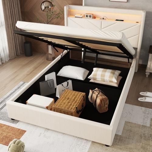 Polsterbett 140 x 190cm Hydraulisch Doppelbett mit Stauraum, Stauraumbett mit Lattenrost, Stereoanlage und USB-Ladefunktion, Bettrahmen mit LED-Beleuchtung im Kopfteil (ohne Matratze), Beige