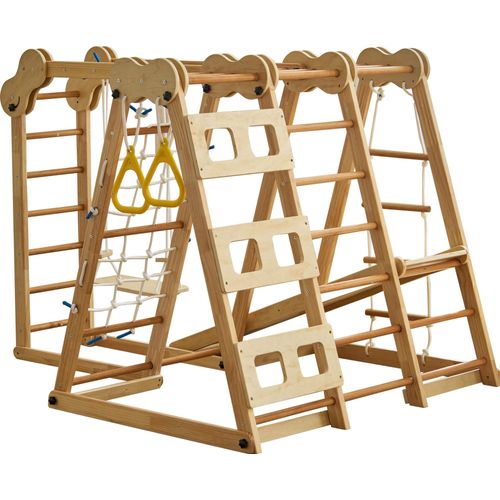 MODFU 7 in 1 Faltbares Klettergerüst,Kinderspielplatz-Set,Klettergerüst für Kinder,Kinder Rutsche mit Kletterstange&Schaukel&Kletterseil&Netzleitern Natur