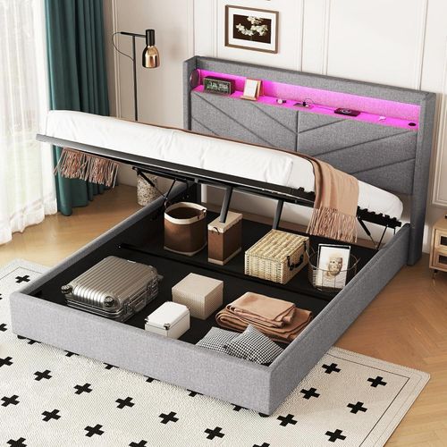 Polsterbett 160x200 cm Hydraulisch Doppelbett mit Stauraum, Stauraumbett mit Lattenrost, Stereoanlage und USB-Ladefunktion, Bettrahmen mit LED-Beleuchtung im Kopfteil (ohne Matratze), Grau